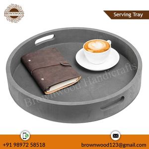 Elegantes Bandejas Redondas de Madera de Mango Hechas a Mano, Estilo Occidental, Color Gris, con Asas, Juego de 2 para Servir Comida y Decoración - Product Image 6