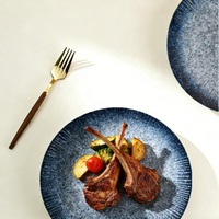 Assiettes et bols ronds en céramique pleine de style japonais, ensembles de vaisselle en porcelaine, assiettes plates vintage bleues – Vente en gros usine