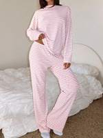 Pyjama en coton rayé doux à manches longues en modal personnalisé, vêtements de détente, col rond, pyjama en bambou pour femmes, ensemble