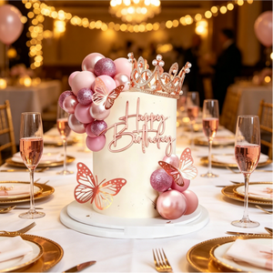 Set Decorativo per Torte <span class=keywords><strong>di</strong></span> <span class=keywords><strong>Compleanno</strong></span> per Ragazze e Donne, 34 Pezzi, Topper per Torte con Corona Rosa Oro e Farfalle - Product Image 2