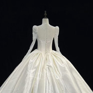 Hz005 Elegant Ivory Plunge Illusion Floral Lace Long Sleeve Puff Shoulder Satin Ball Gown <b>Wedding</b> Dress Jancember - Product Image 6