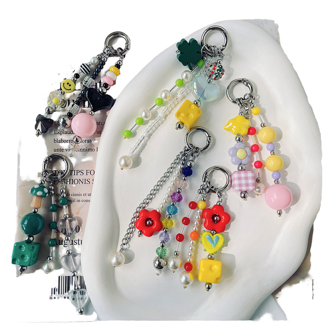 Cute Flower Heart Mushroom Butterfly Mixed Colorful Acrylic Beaded Waterproof Fashion Trend Keychain Phone Lanyard Bag Charm
