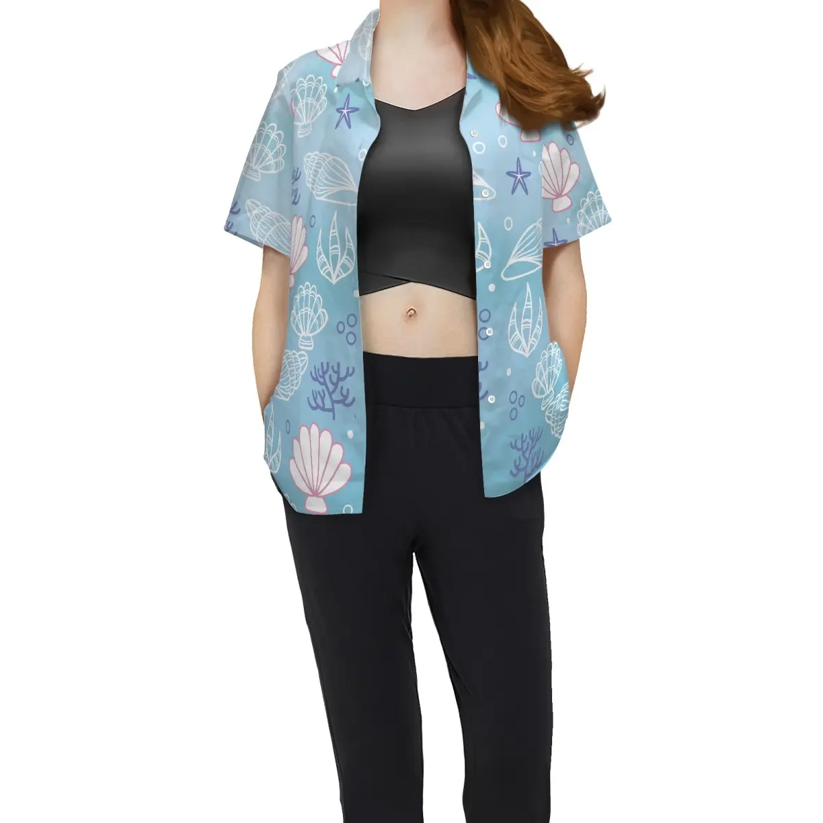 Blusa de manga curta feminina com estampa de produto em alta, moda de secagem rápida e camisa feminina elegante com cintura amarrada