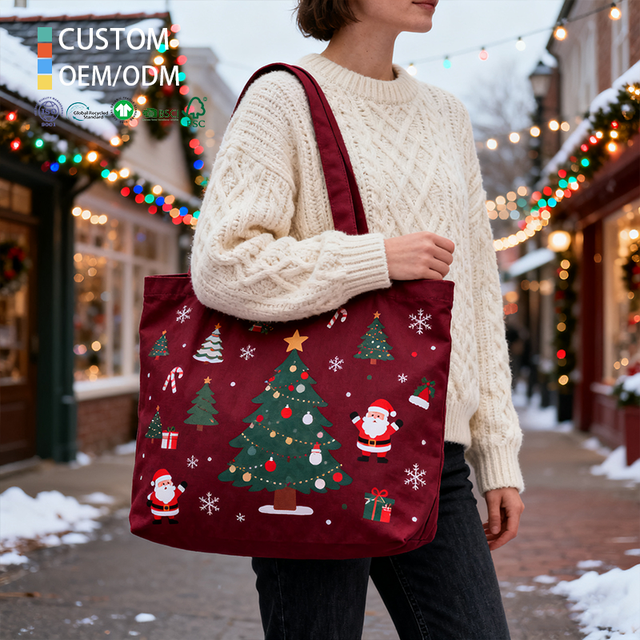 Wholesale Women's Tote Handbags Women's Shopping Bags Christmas Canvas Tote Bag with Custom Logo Printing