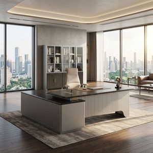 Ensemble de mobilier de <span class=keywords><strong>bureau</strong></span> minimaliste pour PDG : Grand <span class=keywords><strong>bureau</strong></span> informatique avec plateau en bois foncé et panneau frontal à lattes pour centre d'affaires - Product Image 5