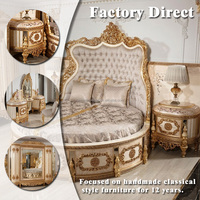 Lit Rond Royal de Luxe en Ivoire, Style Classique Turc, avec Feuille d'Or Sculptée, Lit King Size à Couronne Haute et Armoire pour Villa