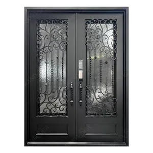 Porta curvada Iron Gate Design Outdoor Luxury Double Door Entrada Exterior Front Door Shatter Ferro forjado