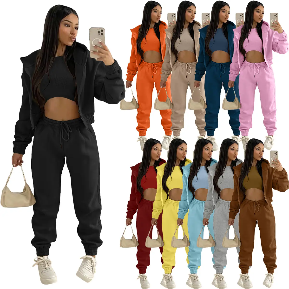 Atacado de Alta Qualidade Logotipo Personalizado Algodão das Mulheres Colheita Blanks Hoodies Sweatshirts Set 3 Peça Two Piece Set Roupas Femininas