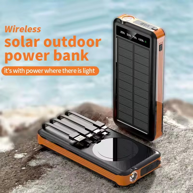 Customize Logo Solar Panel 10000mAh Waterproof Power Bank Case Built Cable Support Wireless Charging Type-C LED Torch Mobile