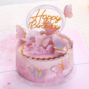Vente en gros <span class=keywords><strong>de</strong></span> nouvelles cartes <span class=keywords><strong>de</strong></span> vœux 3D pop-up Joyeux Anniversaire, papillon rose, fleur <span class=keywords><strong>de</strong></span> cerisier, gâteau, pour fête d'anniversaire, cadeau - Product Image 1