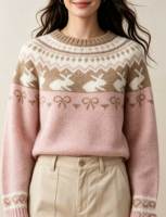 Pull en tricot Fair Isle pour femme, motif lapin mignon et nœud jacquard, col rond, chaud pour l'hiver, vêtements en tricot pour femmes