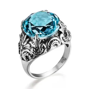 SZJINAO Oval Blue Aquamarine Skull Ring 925 Silver Decoration Personal Vintage Brand Goth Jewelry Women Antique Rings