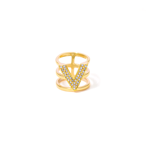 Fashion <b>Rings</b> 316L Stainless Steel PVD <b>Gold</b> Plating V Shape Crystal Inlay Stackable Design - Product Image 2