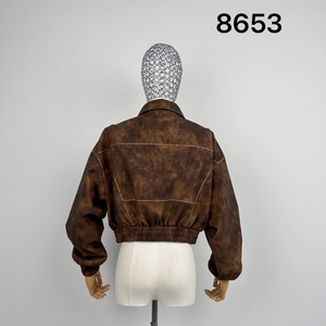 Retro <strong>Brown</strong> Women's <strong>Leather</strong> <strong>Jacket</strong> Short <strong>Brown</strong> <strong>Leather</strong> <strong>Jacket</strong> Environmentally Friendly Windproof <strong>Leather</strong> <strong>Jacket</strong> - Product Image 4