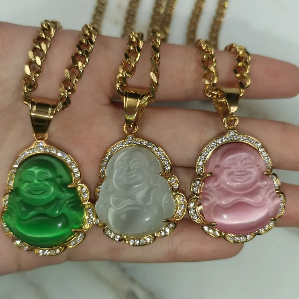Migliore vendita Instagram ciondolo Buddha colorato rosa verde rosso giada ghiacciato gioielli Hip-Hop Baguette diamante ciondolo Buddha