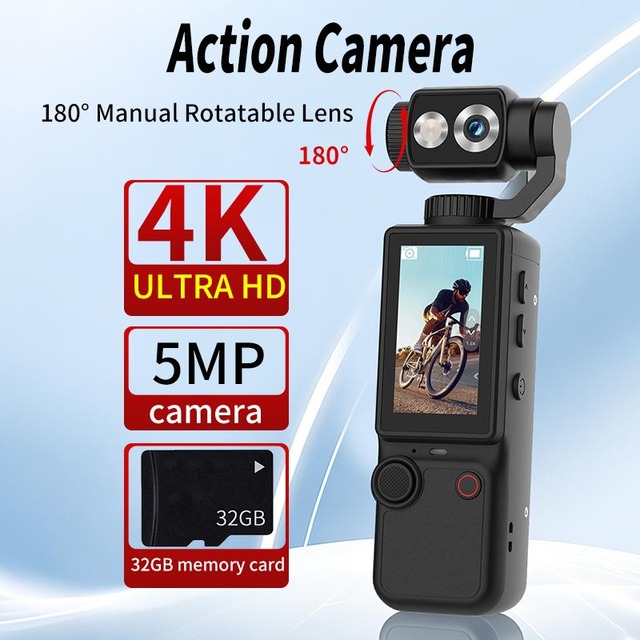 New 4K Ultra Clear Handheld Action Camera 180°Rotating Lens 2.0-inch Face Recognition Automatic Follow Shot Sports Thumb Camera