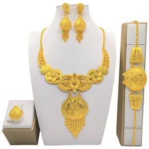 Set Perhiasan Emas Lapis 22K Dubai <span class=keywords><strong>Saudi</strong></span>, Anting, Gelang, Kalung, untuk Pengantin Wanita, Impor - Product Image 1