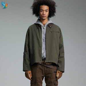 Abrigo de Trabajo para <span class=keywords><strong>Hombre</strong></span> Detroit de Lona Lavada Premium, Color Verde Oliva, Estilo Oversize, con Cuello de Cuero - Product Image 1