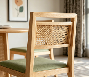 Chaise de salon scandinave en bois avec assise rembourrée verte et dossier en rotin, mobilier moderne pour la maison - Product Image 3