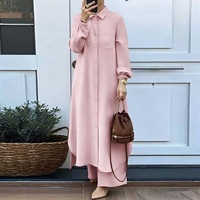 Ensemble Abaya Islamique Modeste Deux Pièces en Non-Tissé pour Femme, Chemise Tunique Boutonnée à Motif Patchwork et Pantalon Large Décontracté Coupe Ample