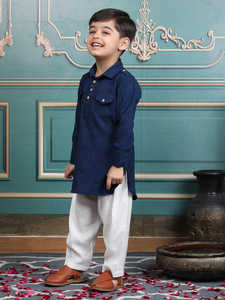 young <b>boy</b> wearing navy blue <b>kurta</b> traditional outfit with wooden buttons stylish ethnic clothing detail portrait - Product Image 3