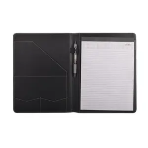 Recycled RPET Leather PU Padfolio Black A4 Portfolio Folder With Business Card Pocket,Elastic Pen Loop and Writing Notepad