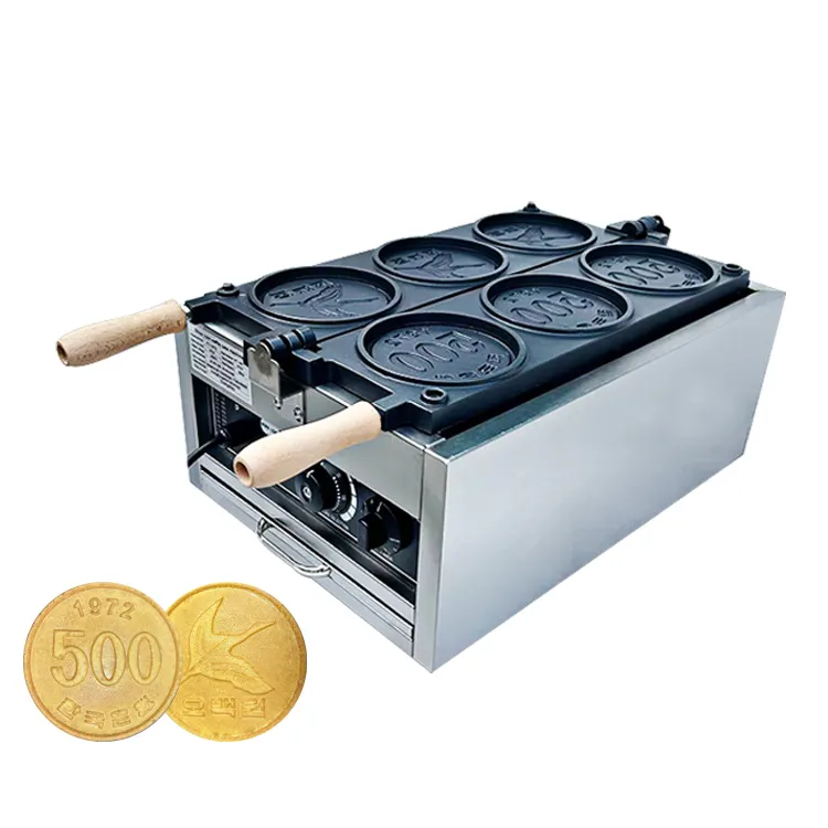 Stainless Steel Surface Cast Aluminium Plate Non-Stick 500 Won Coin Shaped Waffle Maker Custom Coin Waffle Maker Machine