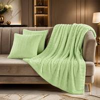 Couverture de lit d'hiver en fausse fourrure de lapin jacquard, double couche, super douce et chaude, motif grille 3D, vert sauge de luxe