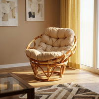 Fauteuil Papasan en rotin avec coussin beige, style tropical, fauteuil de salon, mobilier d'extérieur, assise confortable