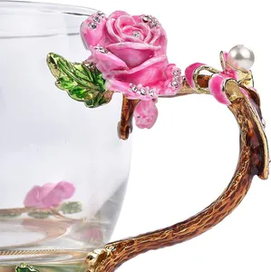 에나멜 나비 꽃 차 컵 커버 유리 나비 머그잔 선물 세트 아침 커피 우유 컵 선물