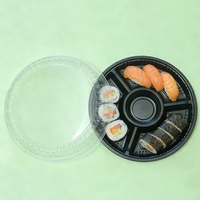 Plateau à sushi rond noir personnalisé avec couvercle, 4 compartiments, conteneur alimentaire jetable en plastique PS, vente en gros