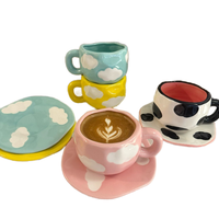 Ensemble tasse et soucoupe à café en céramique rétro fait main, Mug à texture texturée rayé rose, Cadeau vintage pour le thé de l'après-midi, Personnalisable