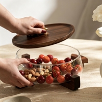 Bol à fruits en verre et bois d'acacia rétro de luxe, pot à noix, bonbonnière, plateau à fruits, plateau à collations, motif uni, plateau de rangement pour capsules de café