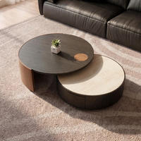 Table basse ronde moderne avec plateau en pierre frittée travertin, tiroir unique et rotation à 360° °   Plateau rotatif en placage de bois noir