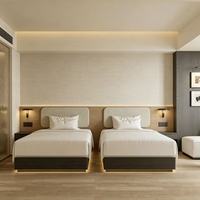 Ensemble de lit double de qualité commerciale pour chambre d'hôtel, avec cadre en bois et tête de lit rembourrée douce, pour projets hôteliers