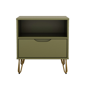 Olive Green Nightstand With Drawer And <b>Open</b> Shelf Metal Legs Modern Design - Product Image 1