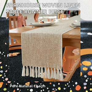 Chemin de table en lin tricoté brodé sur mesure de style campagnard beige pour la décoration de la maison, des mariages et des hôtels - Product Image 2