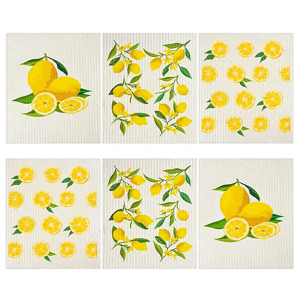 Экологичные многоразовые Биоразлагаемые Салфетки из целлюлозы с принтом лимона на заказ, шведские салфетки для мытья посуды