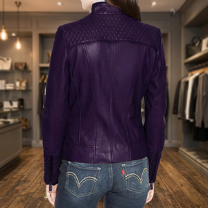 Veste moto matelassée en cuir véritable Leathertex à col montant violet pour femme - Product Image 3