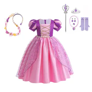 Kinder Tv Film Kostuum Paarse Bubble Mouw Katoenen Mesh Cosplay Prinses Jurk Meisjes Feestjurken