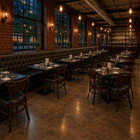 Ensemble table et chaises carrées en bois massif Ron Group Restaurant, banquette en cuir capitonnée en forme de L, mobilier commercial