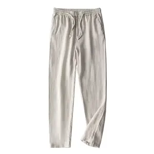 Wholesale Men Cotton Summer Breathable Straight Tube Elastic Waist Button Pants Solid Color Leisure Linen Pants