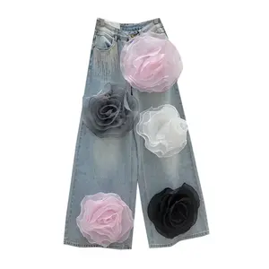 Wholesale 2024 Spring and Autumn New Fashion Loose Versatile 3D Flower High Waist Wide Leg Pants Women's Jeans