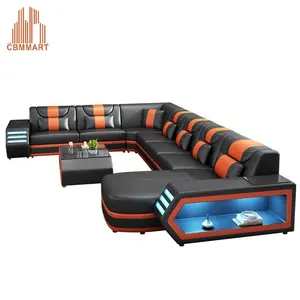 Custom made LED licht muziekspeler USB woonkamer sofa set top kwaliteit lederen sofa