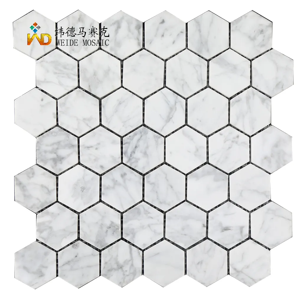 Marmo Carrara Whitemosaic Tlie forma decorativo muro di mattoni di plastica a strisce lunghe esagonali mosaico da cucina mattonelle Backsplash