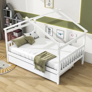 Lit enfant en pin massif pour fille et garçon, lit simple avec lit gigogne et barrière de sécurité, style minimaliste moderne pour usage domestique - Product Image 2