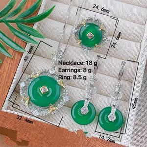 Conjunto de Joyería de Calcedonia Verde de Lujo, Chapado en Oro de 18K, Collar, Anillo y Pulsera con Circonitas, para Mujer/Unisex, Compromiso, Boda, Aniversario - Product Image 6