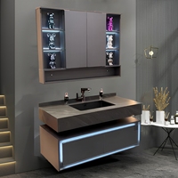 Meuble-lavabo mural de luxe minimaliste avec miroir pliant et évier intégré, finition sans peinture