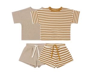 Ivy83539A Ensemble de vêtements pour bébé garçon et fille, style nordique été 2022, col rond, manches courtes en tissu gaufré, ensemble rayé pour tout-petits - Product Image 2