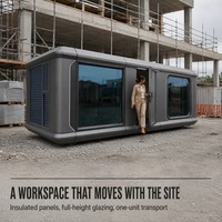Cabine capsule préfabriquée transportable, livrée en unité unique, avec panneaux muraux isolés et vitrage pleine hauteur, prête pour le chantier